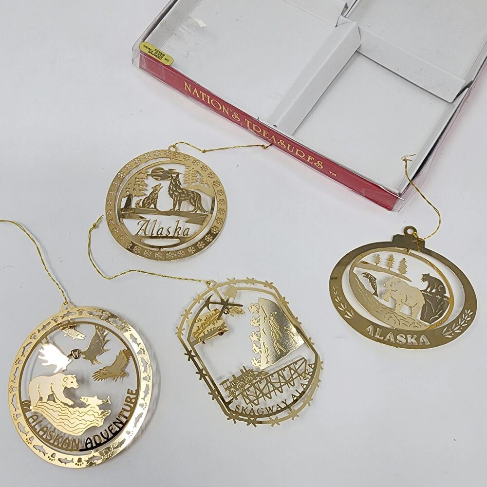 4 Alaska National Treasure 24K Gold Finish Brass laser cut Christmas Ornaments